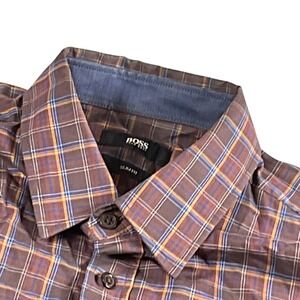 BOSS Hugo‎ Boss Brown Plaid Slim Fit Long Sleeve Button Down Shirt - M